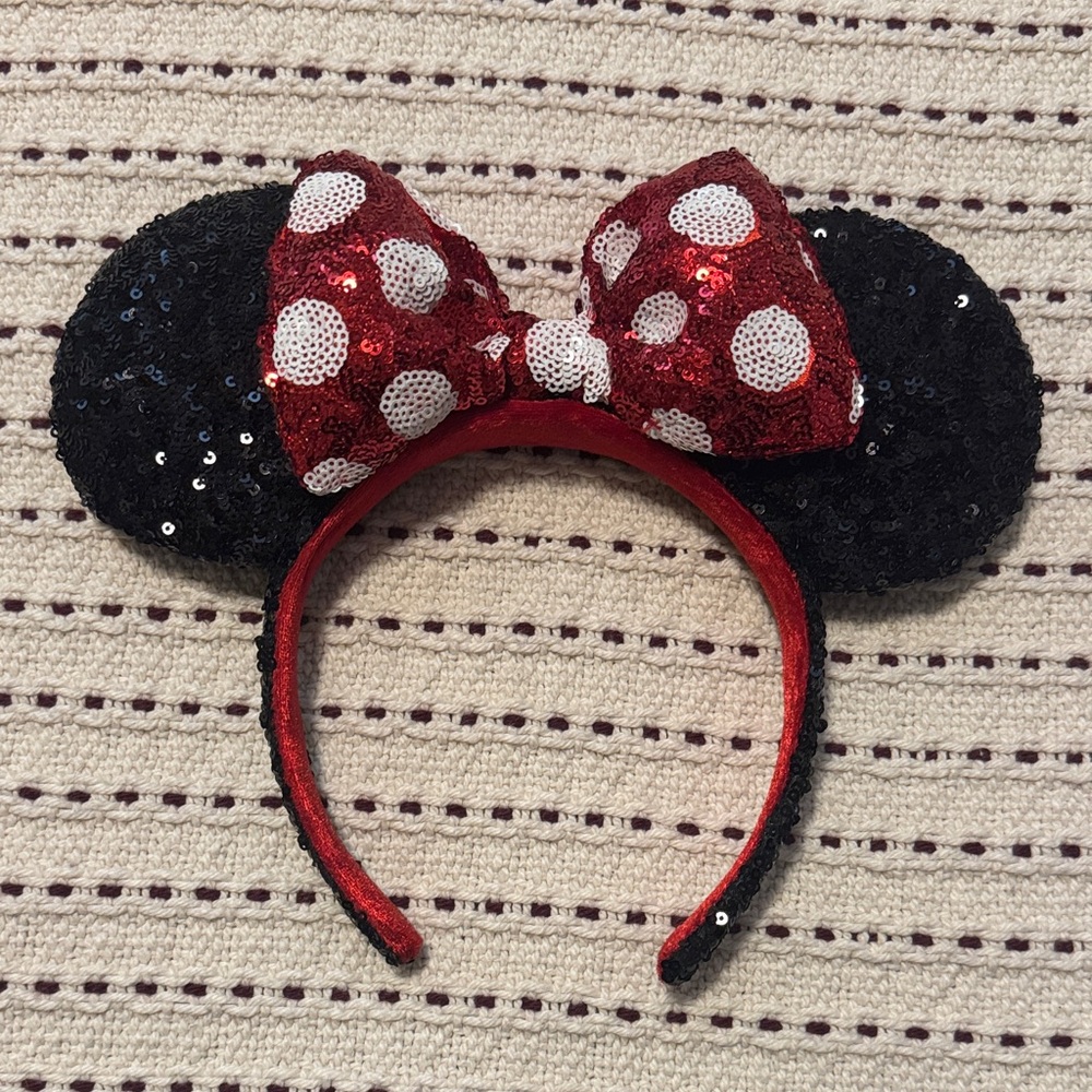 Sequin Minnie Style Headband with Red Polka Dot Bow